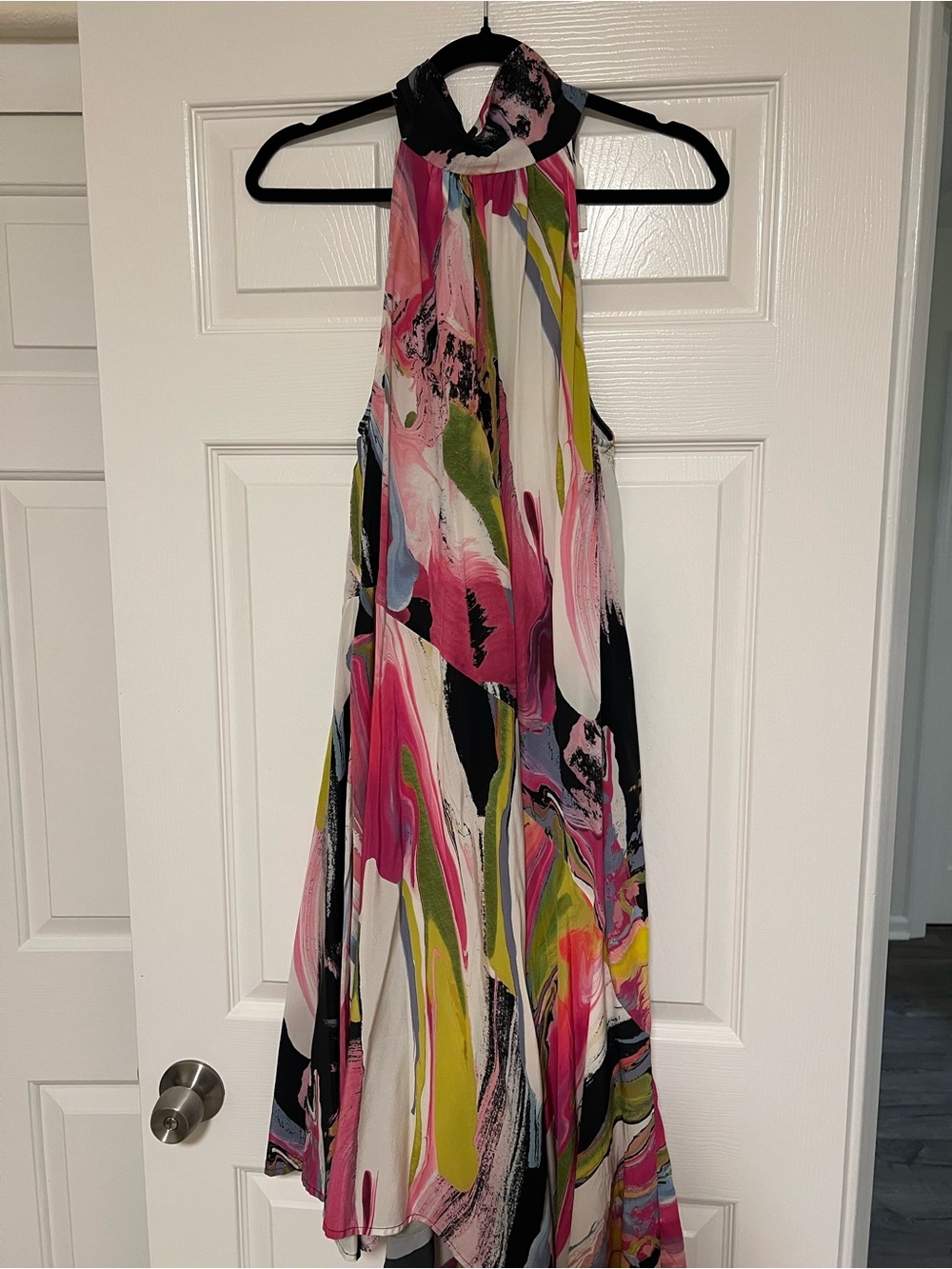 Anthropologie One-Shoulder Maxi Dress in Pink, Black & Lime